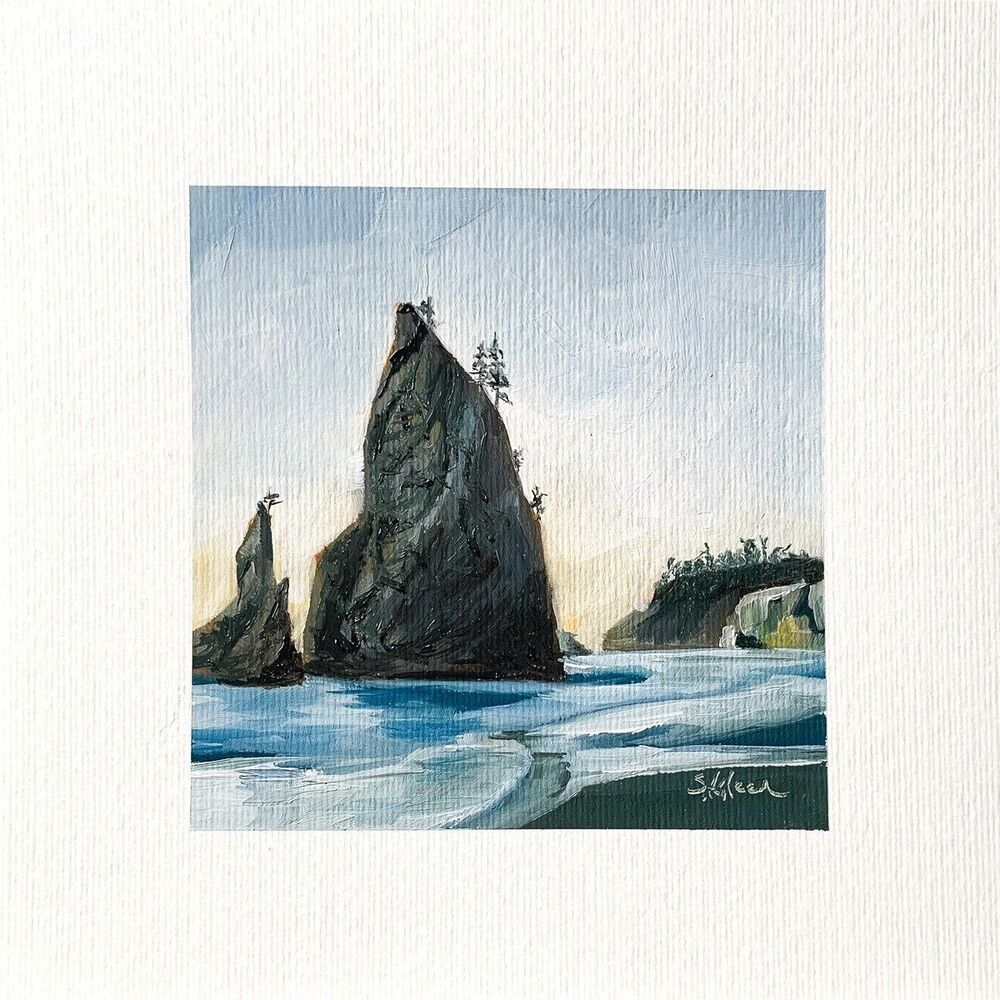 8x8 PNW Original Oil Painting Rialto Beach Seascape Pacific Coast Sunset Signed